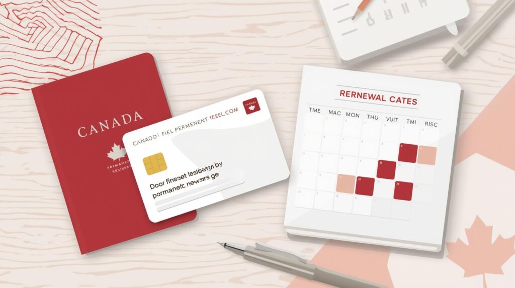 Canada PR card renewal process – illustration of PR card, passport, and renewal calendar
